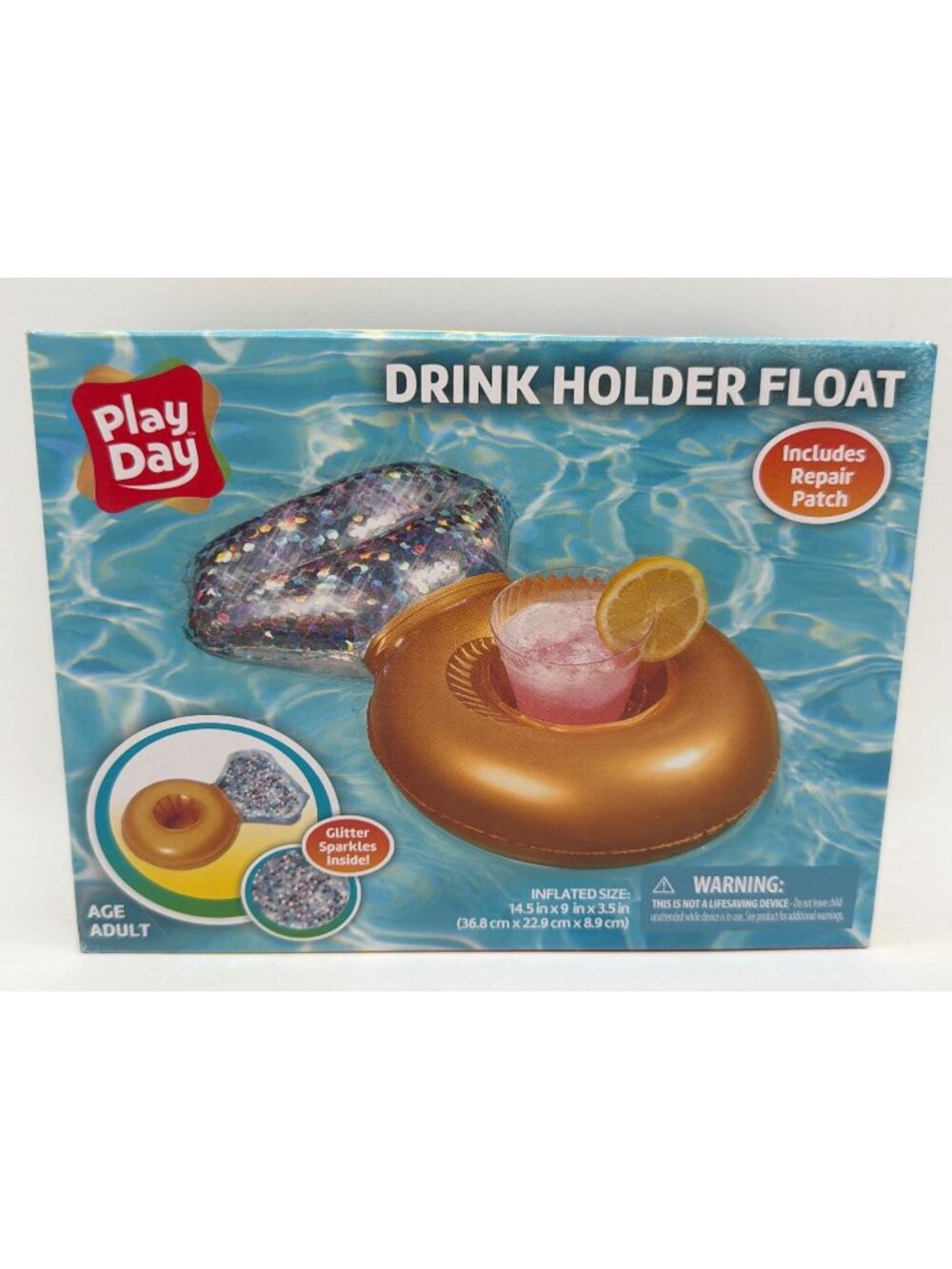 Play Day Drink Holder Float With Glitter Sparkles & Repair Patch Gold & Clear Ad